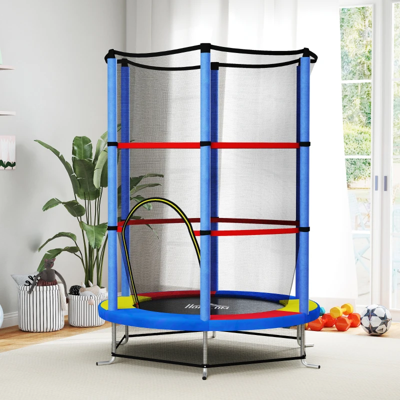 HOMCOM Kindertrampoline met Veiligheidsnet, Elastische Veren, tot 45 kg Belastbaar, Stalen Frame, Ø140x160cm, Veelkleurig