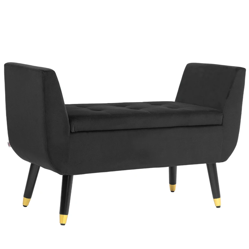 HOMCOM Sitzbank mit Stauraum und Armlehnen, Truhenbank, samtartiges Polyester, Kautschukholz, Dunkelgrau, 107 x 42 x 65 cm