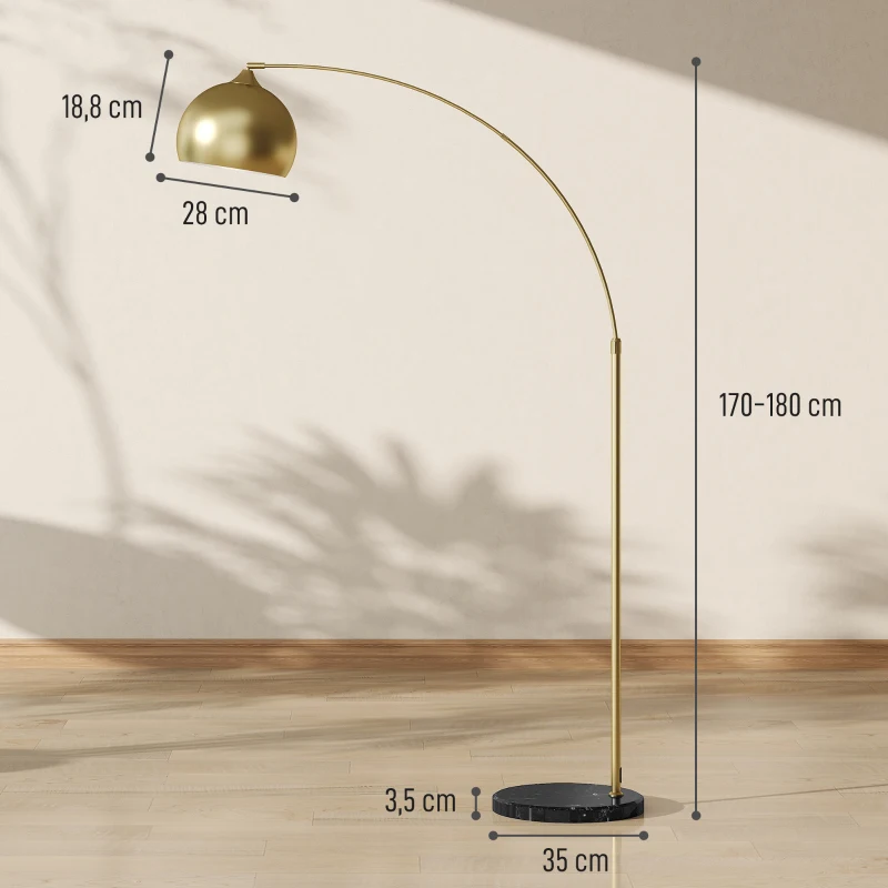 HOMCOM Candeeiro de Pé em Forma de Arco com Altura e Comprimento Ajustáveis com Interruptor de Pé 110-115x30x170-180 cm Dourado e Preto