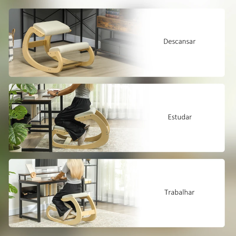 HOMCOM Cadeira Ergonómica de Joelhos com Almofadas Acolchoadas Estrutura de Madeira para Melhor Postura Escritório 55x85x55 cm Creme