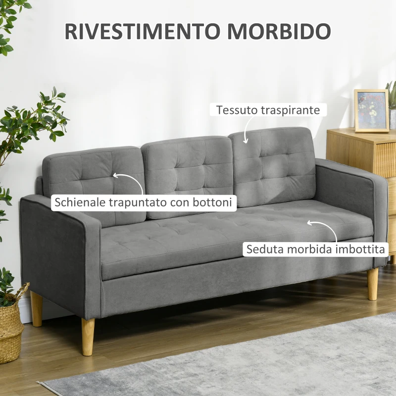 HOMCOM Divano 3 Posti Moderno in Tessuto Grigio con Vano Contenitore e Design Scandinavo, Grigio, 166.5x62x82cm
