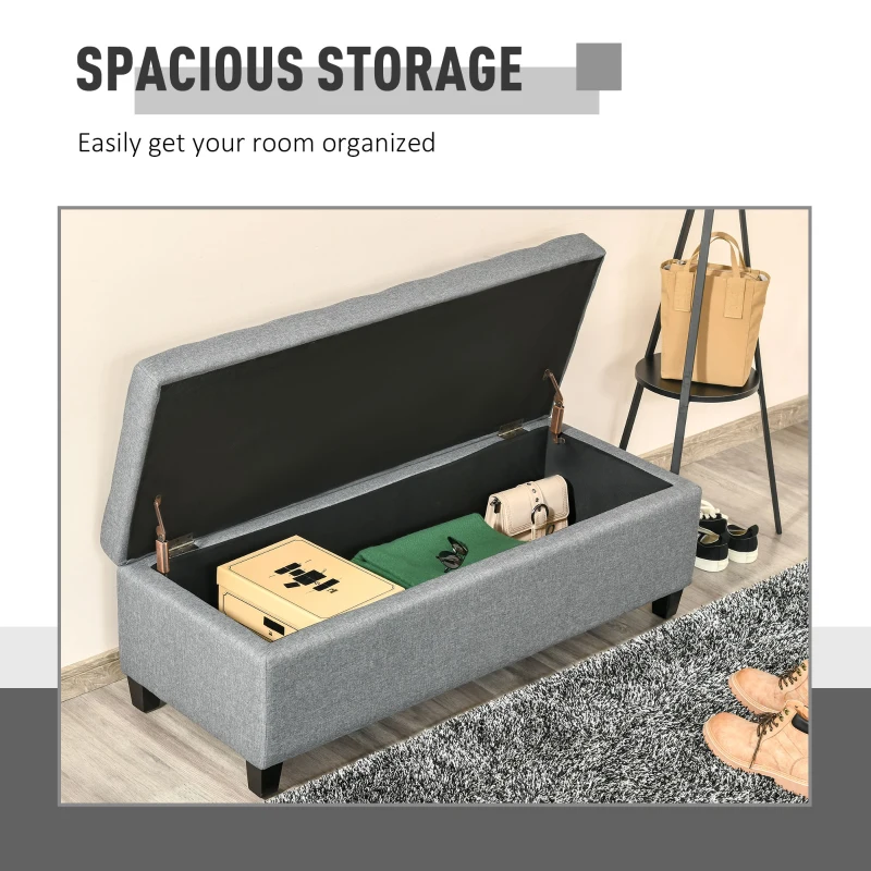 HOMCOM Storage Ottoman, Linen Upholstered End of Bed Bench, Padded Footrest with Button Tufting, Hinged Lid and Wood Frame, Grey