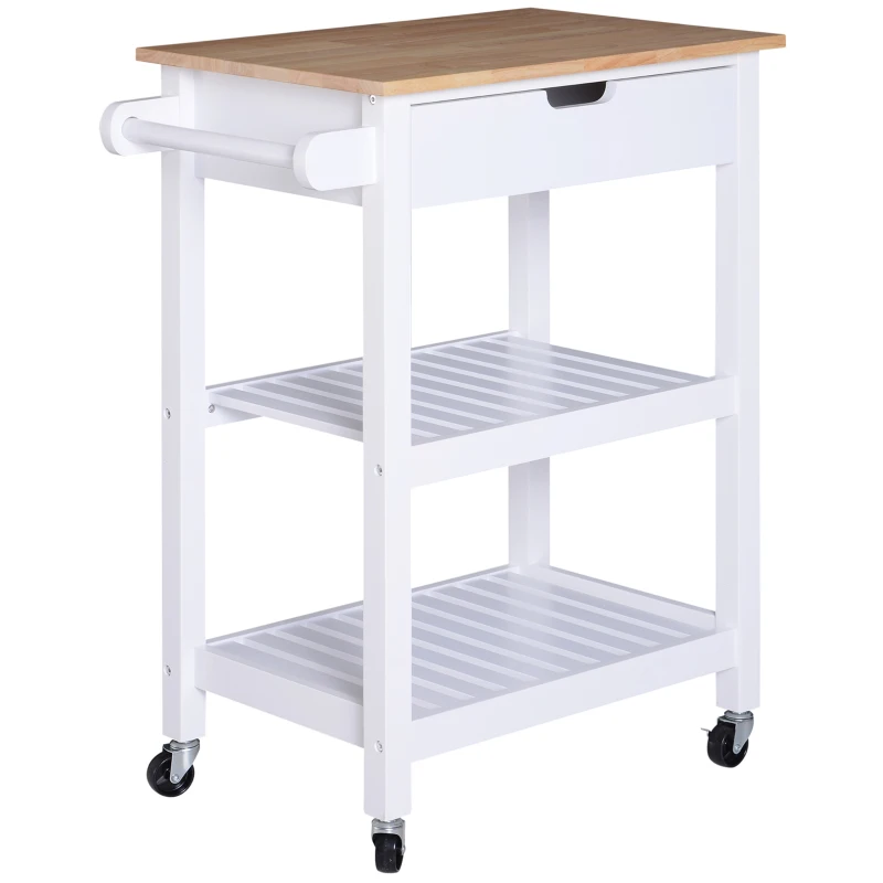 HOMCOM Carrello da Cucina Salvaspazio 2 Ripiani 1 Cassetto 1 Portasciugamani 4 Rotelle, Legno, Bianco, 64x39x84.5cm