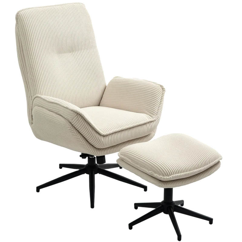 HOMCOM Drehbarer Polstersessel mit Fußhocker, Moderner Recliner-Sessel für Wohnzimmer, Schlafzimmer, Homeoffice, Beige
