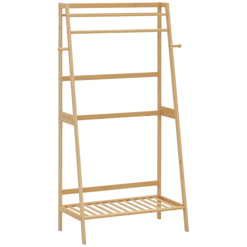 HOMCOM Portant à vêtements avec 2 étagères 2 crochets et 1 barre de suspension en bambou - 82 x 36,8 x 140 cm