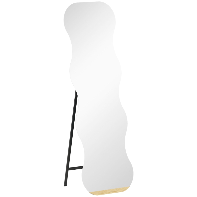 HOMCOM Espejo de Pie Cuerpo Entero sin Marco Espejo de Pie Forma Ondulada con Soporte y Base de Madera 50x2,7x160 cm Negro