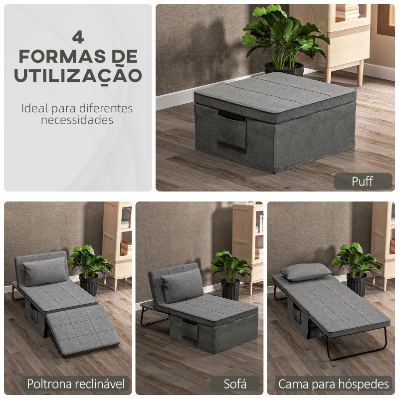 HOMCOM Sofá Cama 4 em 1  Estofado em Linho com Encosto Ajustável em 5 Níveis e Almofada Acolchoada  75x80x74 cm Cinza