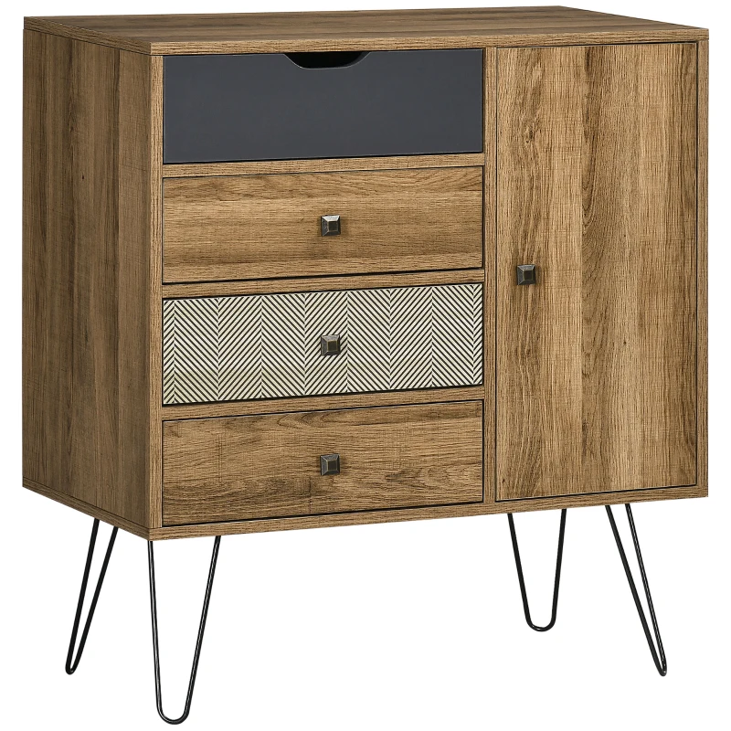 HOMCOM Meuble de rangement commode buffet 4 tiroirs 1 placard - pieds épingles à cheveux style bohème 79 x 39 x 86 cm marron