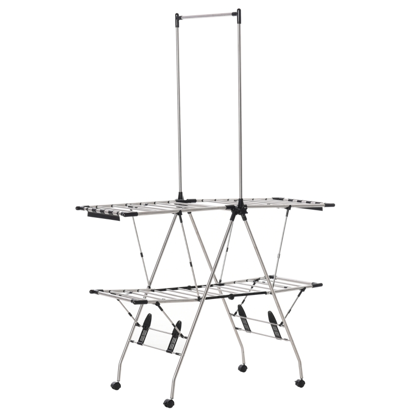 HOMCOM Kleiderständer Wäschetrockner Wäscheständer Flügelwäschetrockner mit Teleskopstangen Standtrockner zusammenklappbar großer Trockenraum Edelstahl 138,5x63x208cm