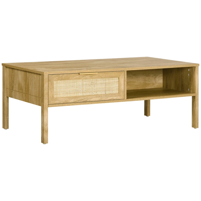 HOMCOM Table basse rectangulaire table de salon avec multi-rangements niche et tiroir portes effet cannage rotin tissé