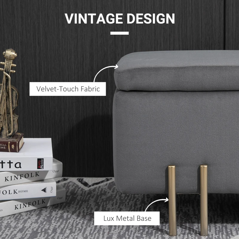 HOMCOM Storage Ottoman, Rectangle Footstool, Light Luxury Storage Bench with Cushion and Soft Surface, Dark Grey