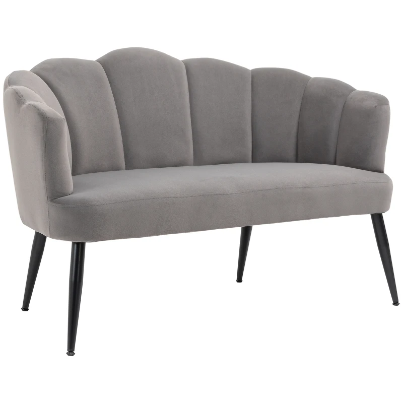 HOMCOM Divano 2 Posti in Velluto con Gambe in Metallo e Schienale a Conchiglia, 132x66x80cm, Grigio