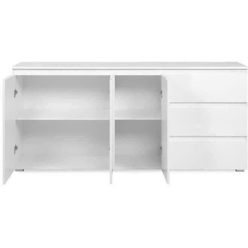 Buffet Capetown - Décor blanc brillant - Panneaux de particules - 3 portes - 3 étageres - 3 tiroirs - 179 x 80,5 x 40 cm