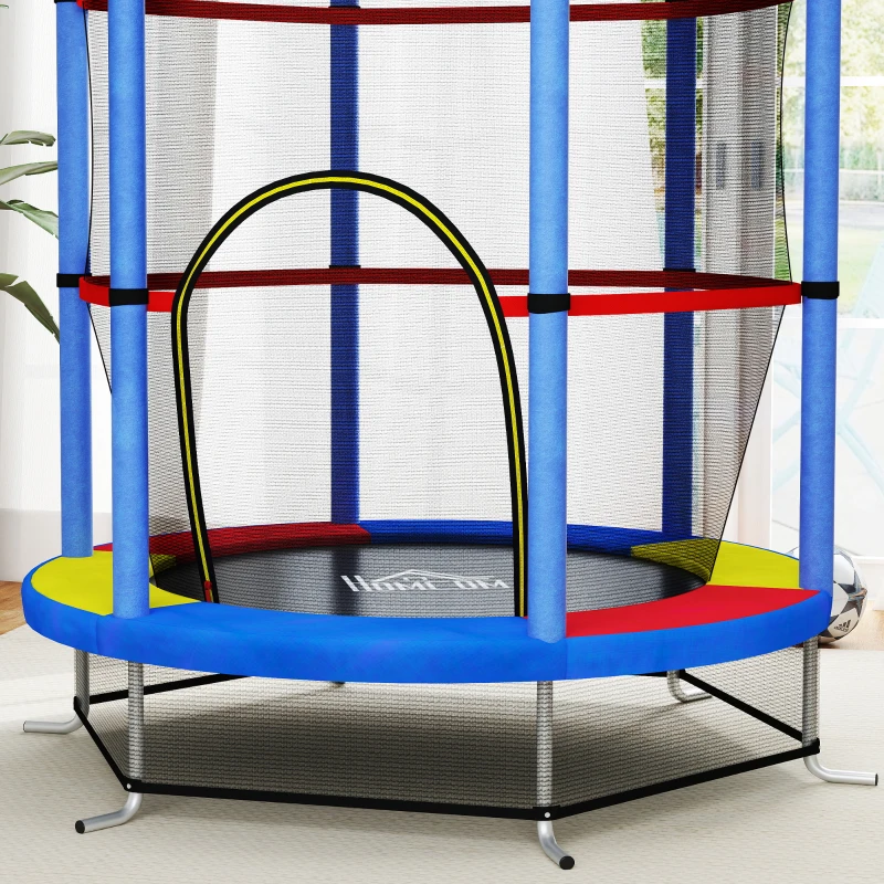 HOMCOM Kindertrampoline met Veiligheidsnet, Elastische Veren, tot 45 kg Belastbaar, Stalen Frame, Ø140x160cm, Veelkleurig