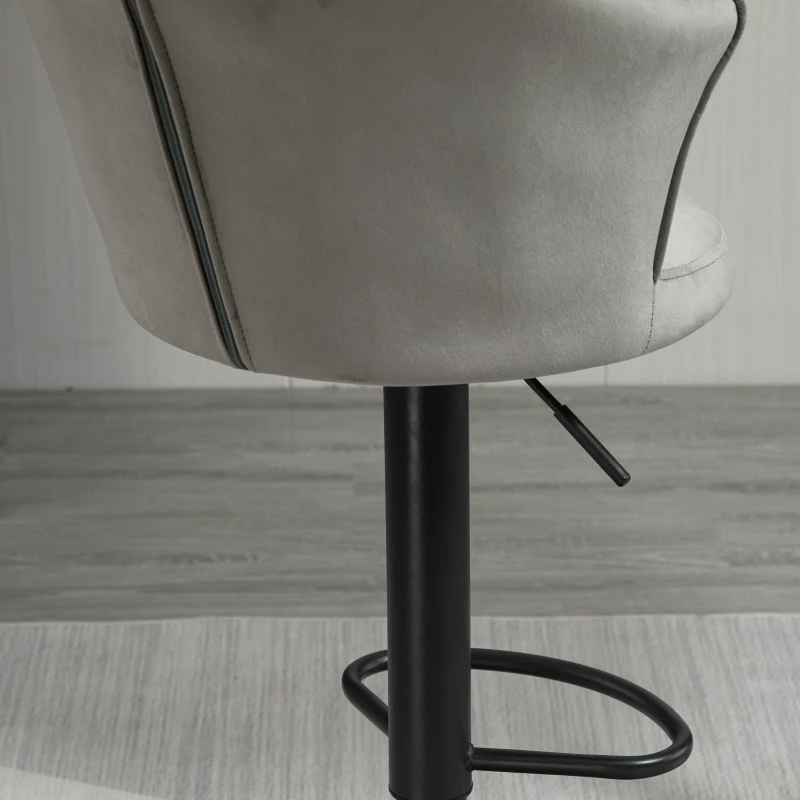 HOMCOM Bar Stool Set of 2 Adjustable Height Upholstered Swivel Counter Chairs with Backrest, Footrest, Grey