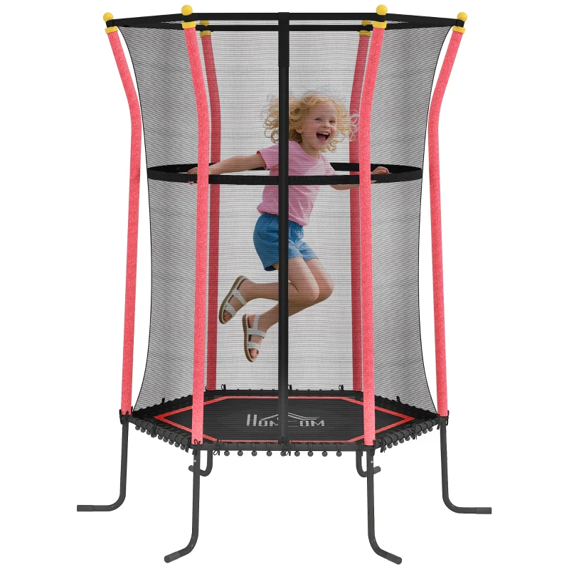 HOMCOM Kindertrampoline, Ø163,5 cm, met Veiligheidsnet, Gevoerd, Staal, Belastbaar tot 50 kg, Zwart & Rood