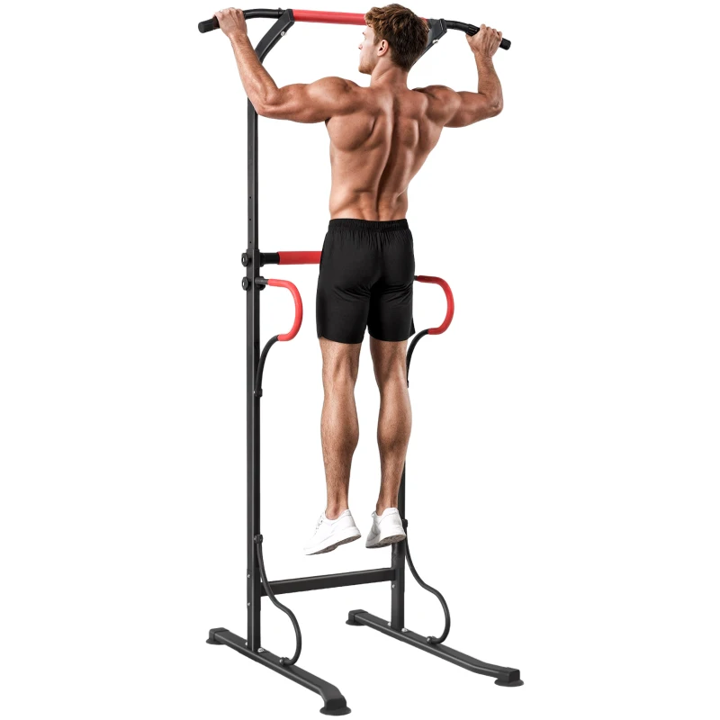 HOMCOM Station de musculation multifonctions barre de traction chaise romaine hauteur réglable acier noir rouge