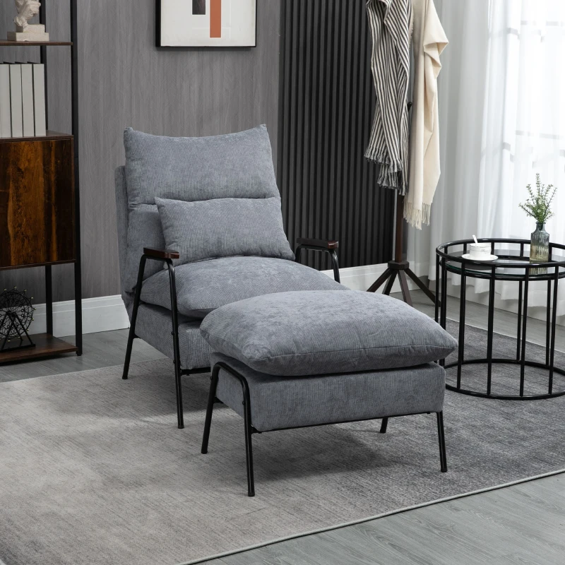 HOMCOM Relaxfauteuil met Ottoman Polsterstoel, Inclusief Kussen, 68 cm x 91,5 cm x 88 cm, Lichtgrijs