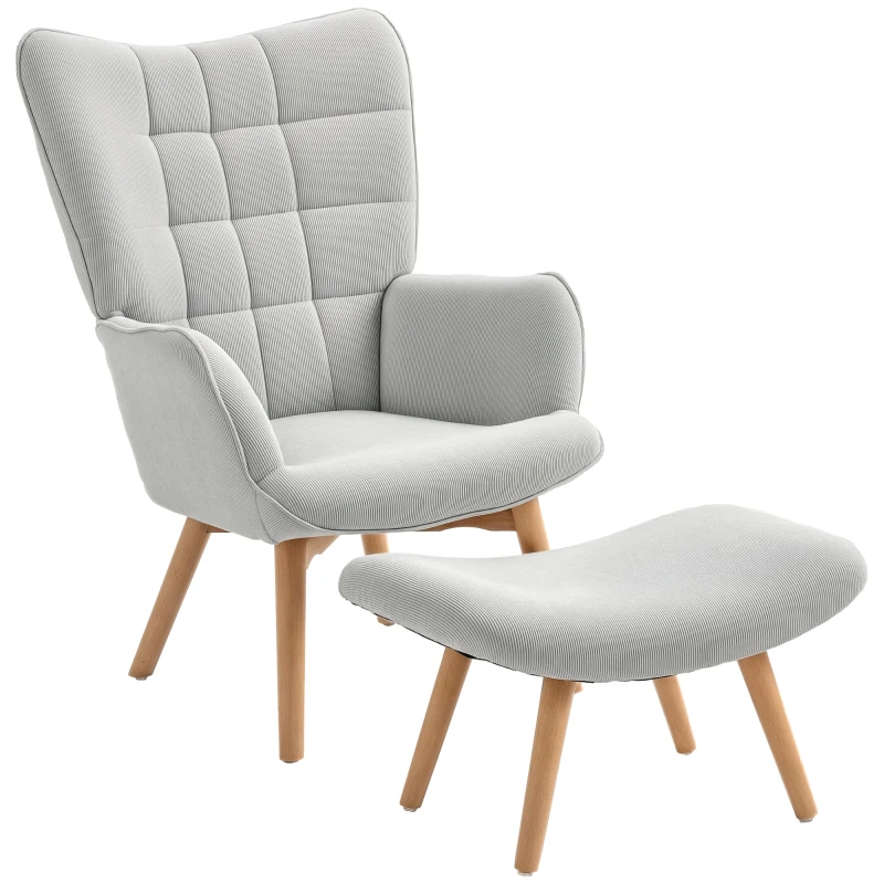 HOMCOM Poltrona Relax con Pouf Poggiapiedi in Velluto a Costine con Schienale Alto e Braccioli, Grigio