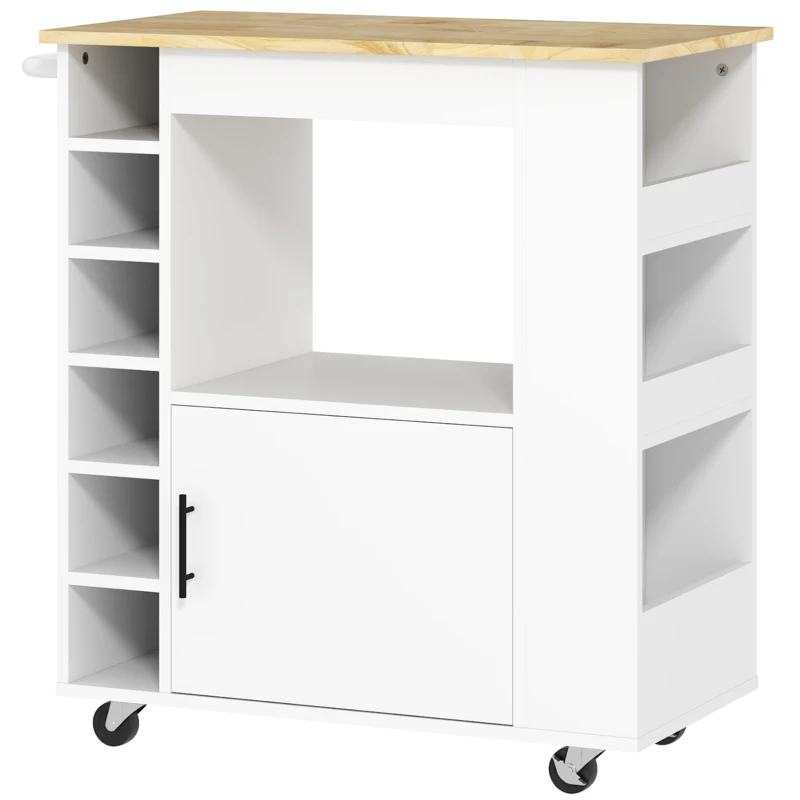 HOMCOM Küchenwagen, Rollbare Kücheninsel, Küchen-Trolley mit Fächern, Weinregalen, Schrank und Arbeitsfläche, Weiß