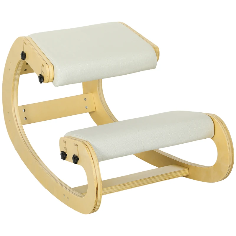 HOMCOM Sedia Inginocchiatoio Regolabile in 6 Posizioni, in Tessuto Effetto Lino e Legno di Betulla, 55x85x55 cm, Crema