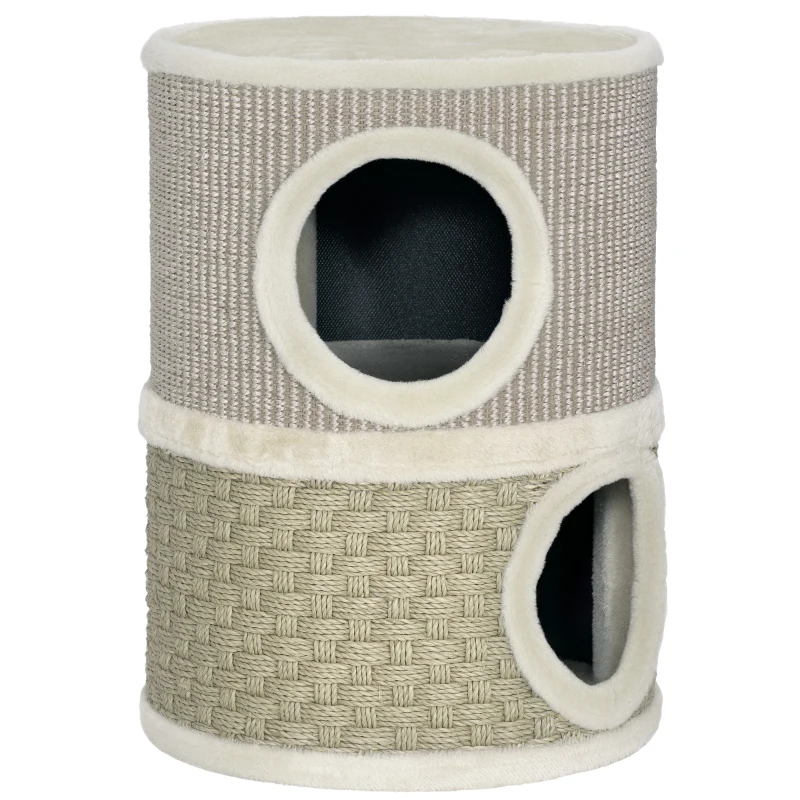 PawHut Kratztonne, 49 cm hoch, Ø35,5 cm zweistöckige Katzentonne mit Plüschrand Kratzmatte, 2 Höhle Khaki+Kaffee