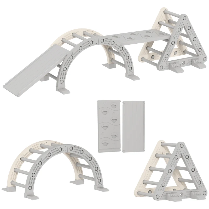 AIYAPLAY Klettergerüst Indoor, 5 in 1 Kletterdreieck mit Rutsche, Kletterbogen, inkl. doppelseitige Rampe, Spielplatz Indoor für Kinder 18-48 Monate, Grau+Weiß