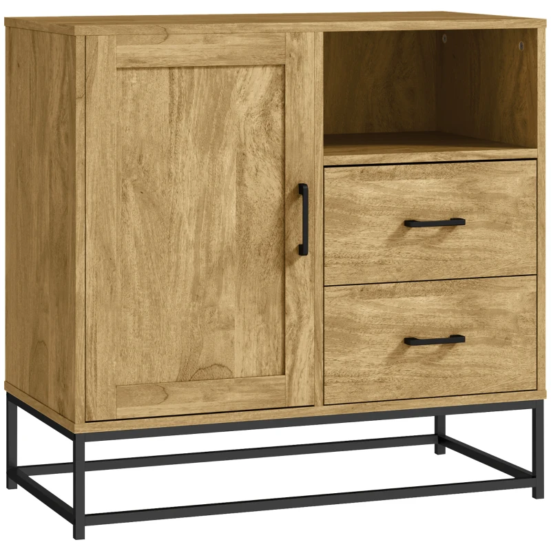 HOMCOM Credenza Moderna con 2 Cassetti, Armadietto Regolabile e Ripiano Aperto, in Legno e Acciaio, 80x40x78 cm, Marrone