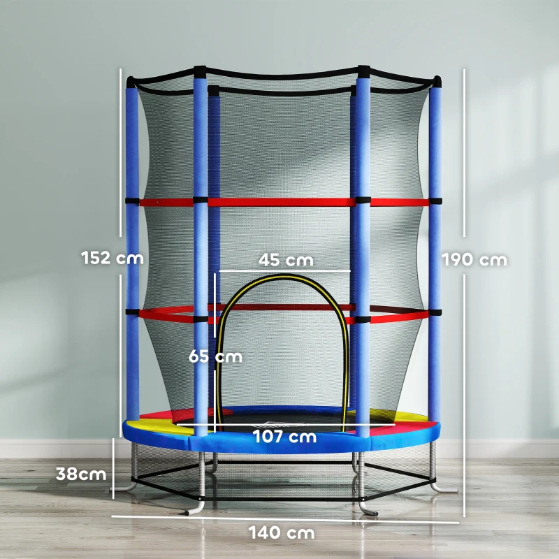 HOMCOM Kindertrampoline met Veiligheidsnet, Elastische Veren, tot 45 kg Belastbaar, Stalen Frame, Ø140x160cm, Veelkleurig