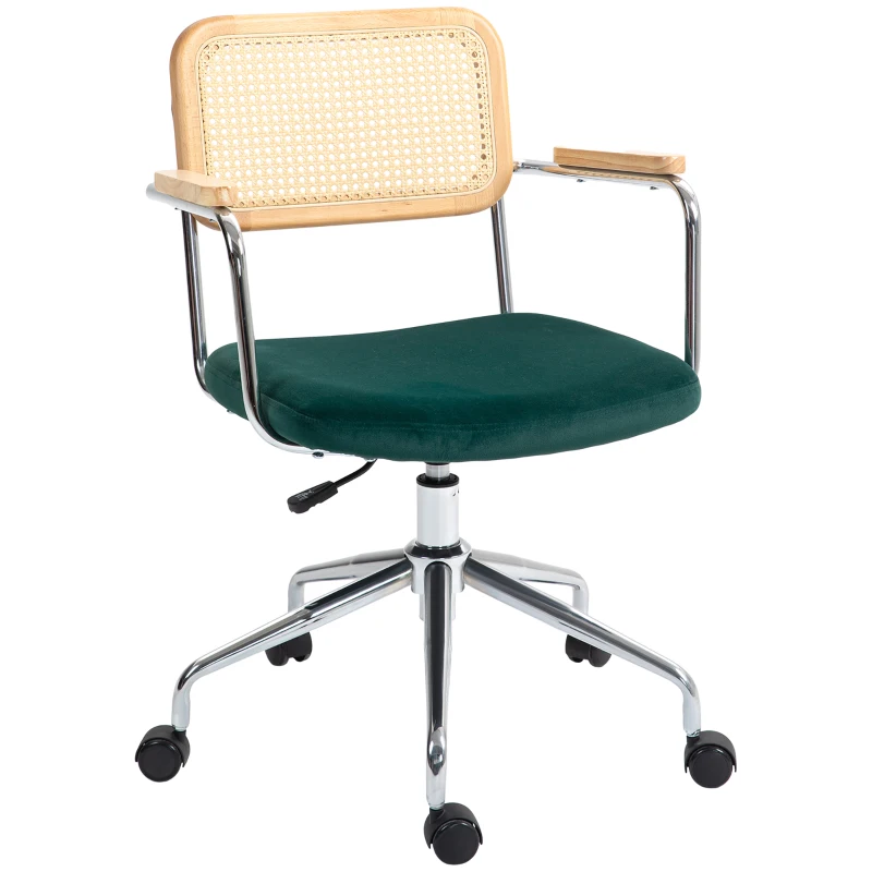 HOMCOM Bürostuhl, Boho-Design, Holzarmlehnen, drehbar, verstellbar, bis 120 kg, Stahl, Grün