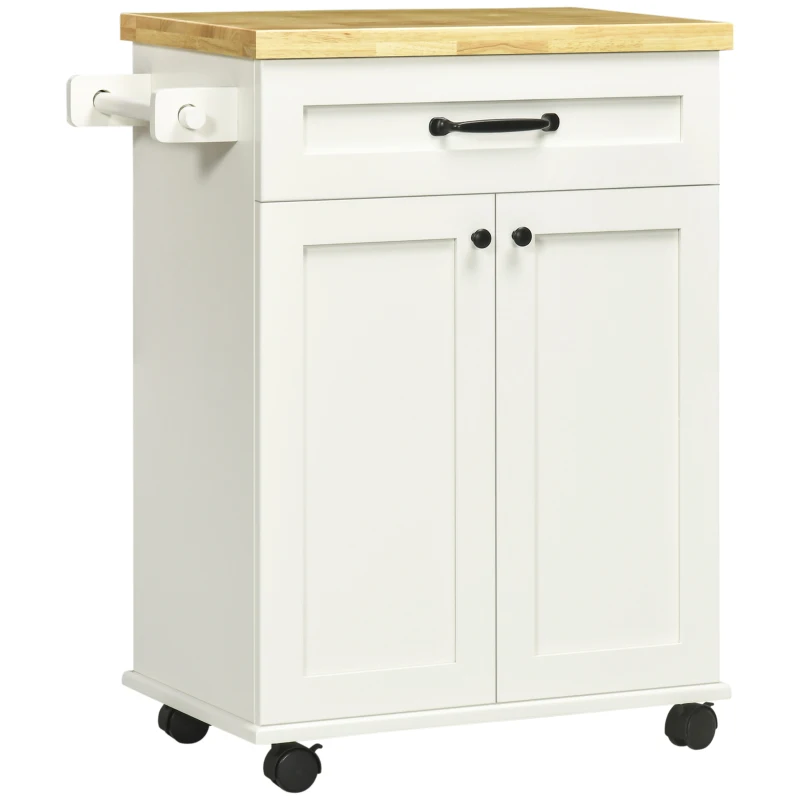 HOMCOM Desserte de cuisine à roulettes multi-rangements 1 tiroir 1 placard 1 portes-torchons blanc et plateau en bois