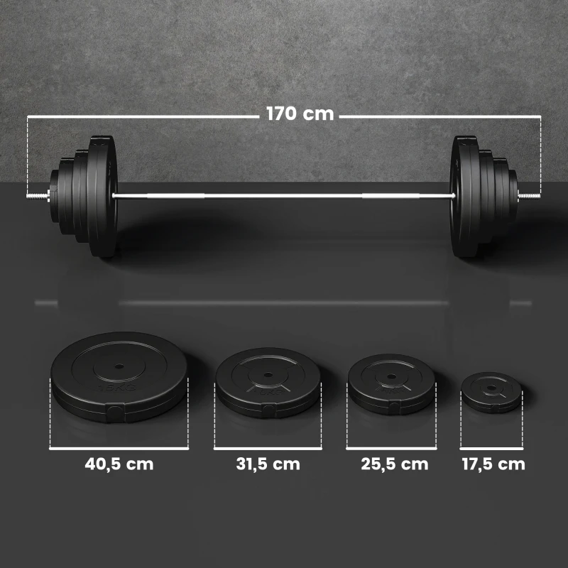HOMCOM Barra de Pesos 70 kg Ajustáveis com 8 Discos de 1,5kg 5kg 10kg 15kg e 1 Barra para Treino de Força 170x40,5x40,5 cm Preto