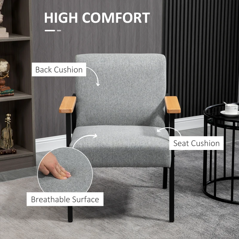HOMCOM Modern Accent Chair with Cushioned Seat and Back, Upholstered Fireside Chair for Living Room, Comfy Chair with Wood Armrests and Steel Legs, Grey