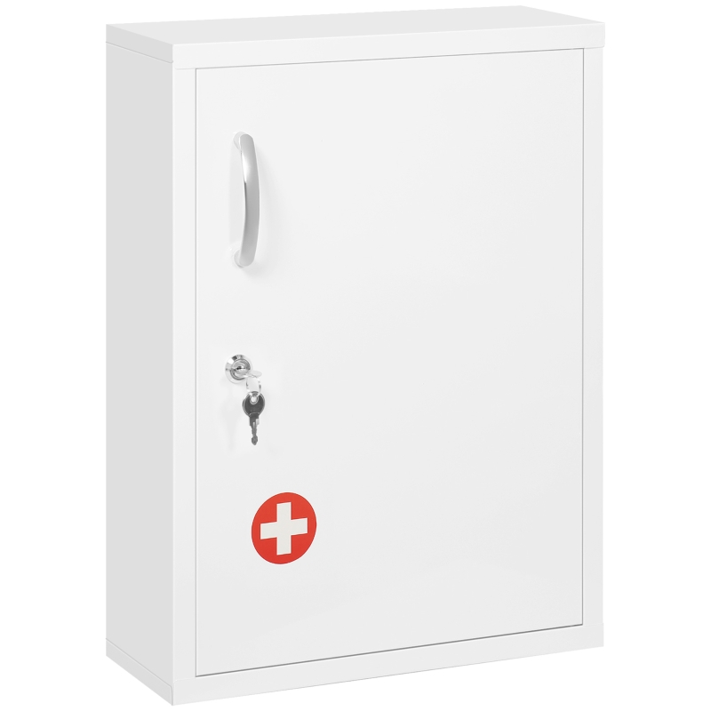 kleankin Armadietto Medicinali a 3 Ripiani con Serratura e 2 Chiavi, in Acciaio, 40x15x53.5 cm, Bianco