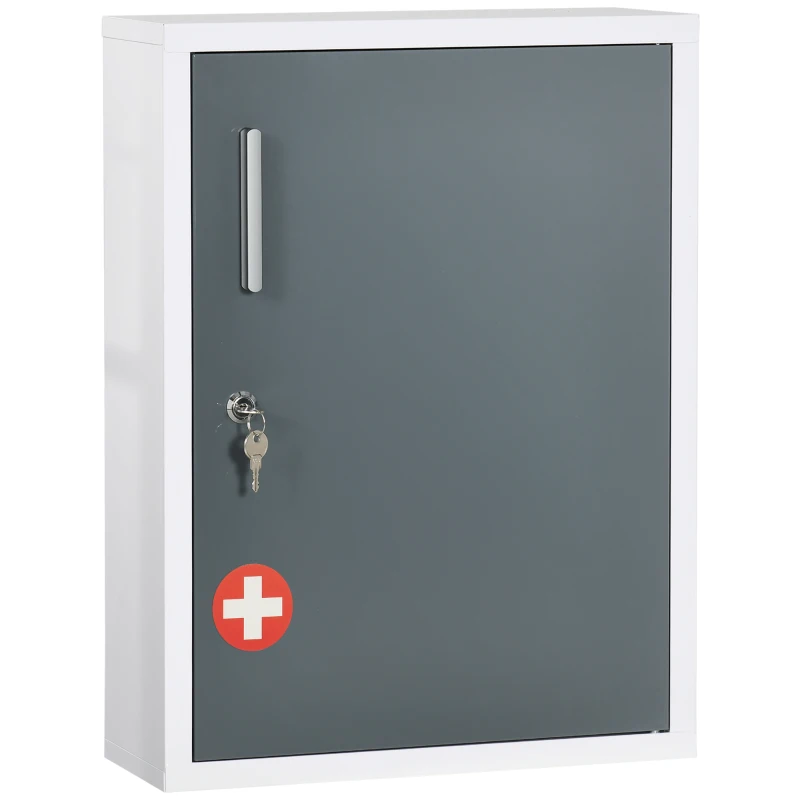 kleankin Armadietto Medicinali con 3 Ripiani e Blocco con Chiavi in Acciaio, 40x15x53.5cm, Bianco e Grigio