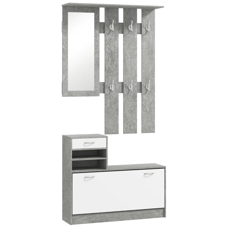 HOMCOM Set Mobile da Ingresso con Appendiabiti a 6 Ganci, Mobile Scarpiera con Cassetto e Specchio, Grigio
