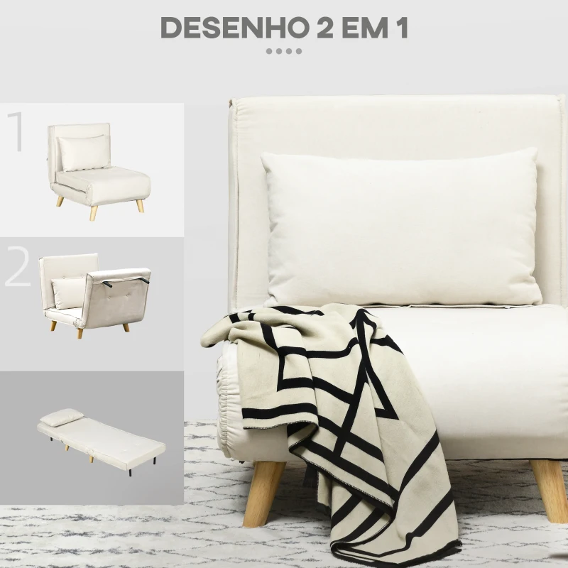 HOMCOM Sofá Cama Individual Poltrona Cama Dobrável Estofada em Linho Sintético com Encosto Ajustável em 6 Posições 72x78x79 cm Creme