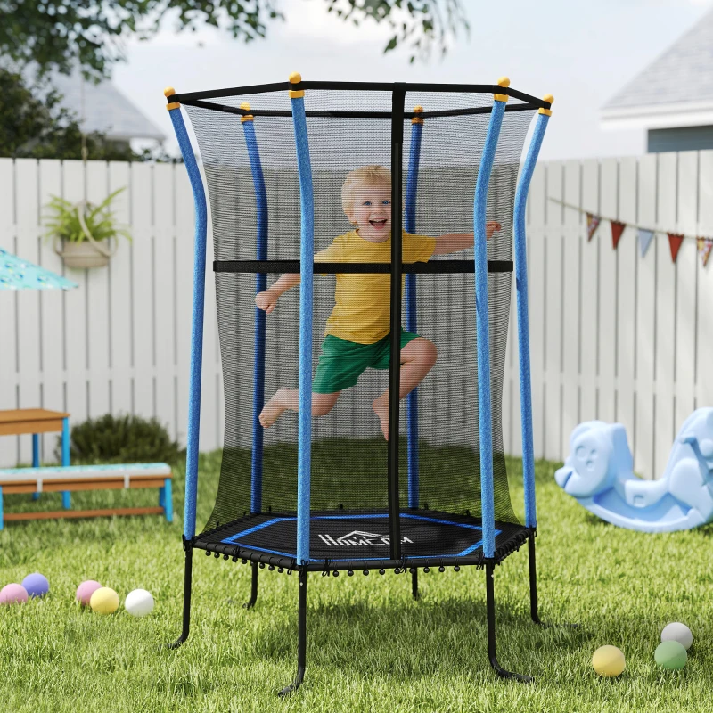 HOMCOM Trampoline voor Kinderen, Ø163,5 cm, met Veiligheidsnet, Gepolsterd, Staal, Belastbaar tot 50 kg, Zwart & Blauw