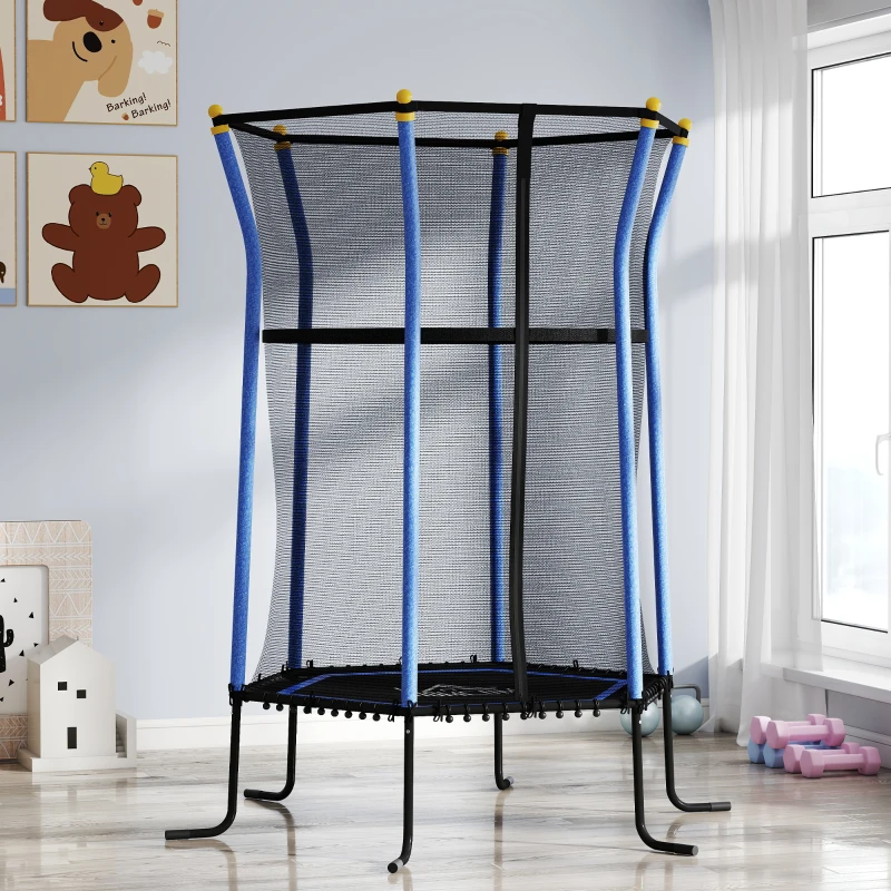 HOMCOM Trampoline voor Kinderen, Ø163,5 cm, met Veiligheidsnet, Gepolsterd, Staal, Belastbaar tot 50 kg, Zwart & Blauw