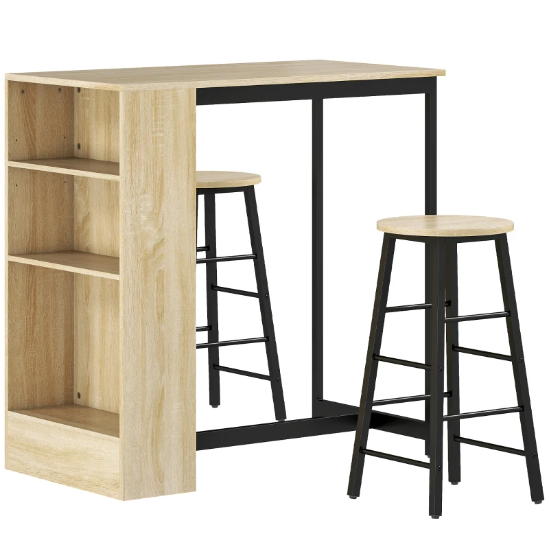 HOMCOM 3-teiliges Bartisch-Set, 1 Tresen, 2 Stühle, mit Stauraum und Fußstützen, platzsparend, Hellbraun+Schwarz