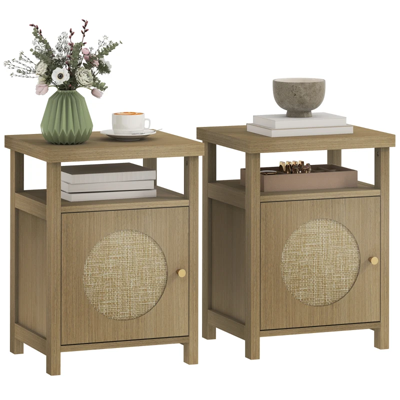 HOMCOM Set aus 2 schmalen Nachttischen Beistelltisch offenes Fach Schrank Rattan-Finish, 40 x 35 x 55 cm braun