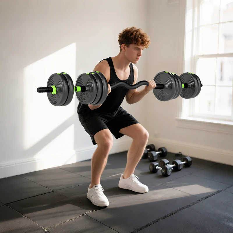 SPORTNOW Set di Manubri Regolabili 20 kg 3 in 1 con Barre di Connessione e Impugnature Antiscivolo, Verde