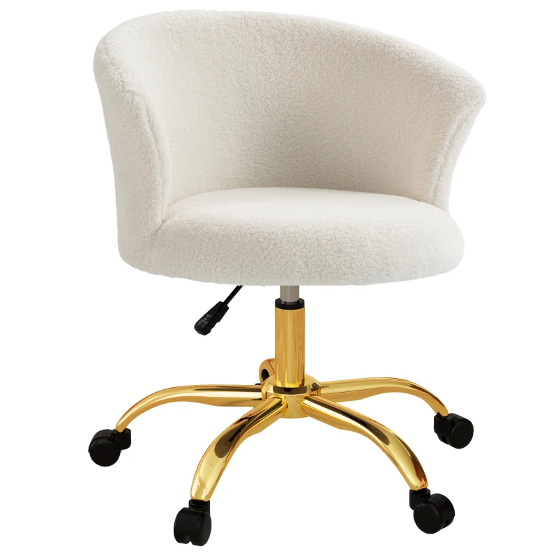 Vinsetto Sedia da Ufficio Regolabile in Altezza con Seduta Girevole e Rivestimento in Velluto Teddy, Bianco e Oro