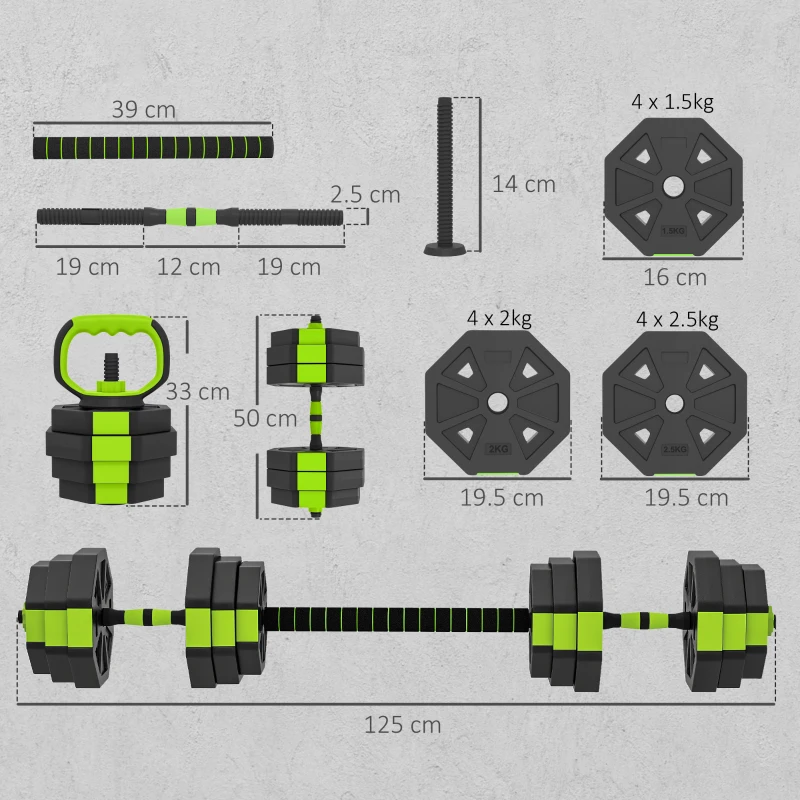 SPORTNOW Set di Manubri Regolabili da 25 kg 4 in 1, con funzione di Kettlebell, Manubri, Bilanciere e Supporto per Flessioni, Verde