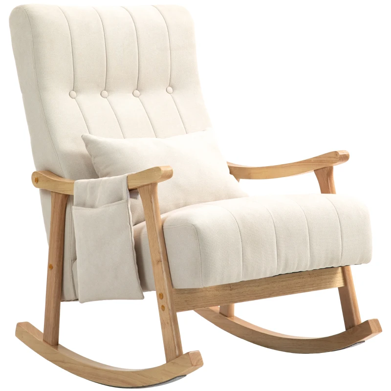 HOMCOM Schaukelstuhl mit Nierenkissen, breiter Sitz, Buchenrahmen, bis 120 kg, Beige