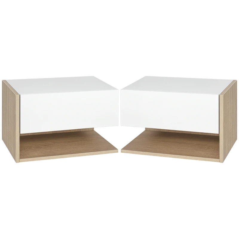 HOMCOM Lot de 2 Tables de Chevet murales - Lot de 2 Tables de Nuit - tiroir Coulissant, étagère, Bicolore Aspect chêne Blanc