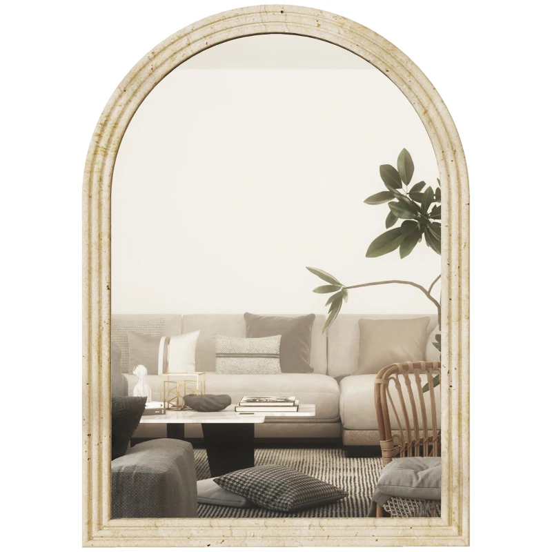HOMCOM Espejo de Pared Arqueado Espejo de Baño 60x90 cm con Marco de Imitación de Piedra para Salón Dormitorio Entrada Beige
