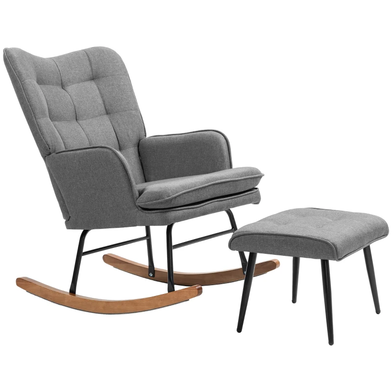 HOMCOM Schaukelstuhl mit Hocker, komfortabel, bis 130 kg, Leinenoptik, 64x89x90cm, Dunkelgrau