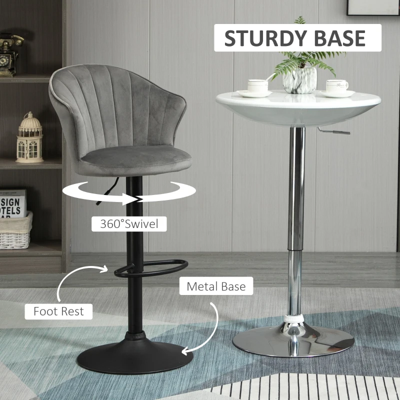 HOMCOM Bar Stool Set of 2 Adjustable Height Upholstered Swivel Counter Chairs with Backrest, Footrest, Grey