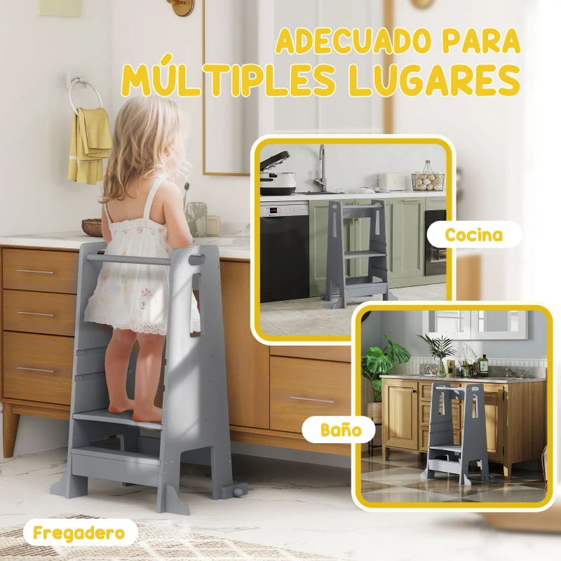 AIYAPLAY Torre de Aprendizaje para Niños con Pedal Altura Ajustable en 3 Niveles y Barrera de Seguridad 45x47,5x91 cm Gris